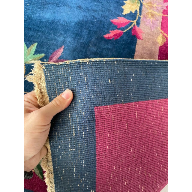 1920-1930's Antique Art Deco Asian Botanical Garden Magenta Berry Navy Purple Green Rug 9 2 X 11 8 For Sale - Image 11 of 13