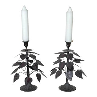 Vintage Brutalist Hollywood Regency Metal Leaf Candlesticks - A Pair For Sale