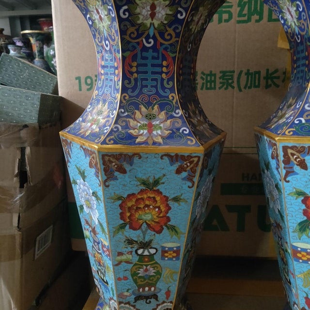 Pair of Large Vintage Cloisonné Enamel Hexagonal Vases – Floral & Scholar's Object Motif For Sale - Image 4 of 9
