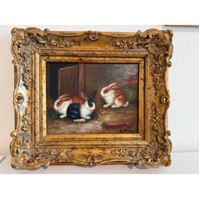 Brown Vintage R Mario Oil Painting Three Rabbits Bunnies Farmhouse Art Gold Frame For Sale - Image 8 of 10