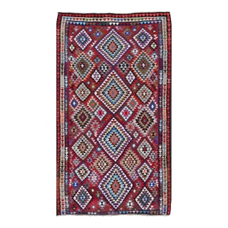 Hand Woven Vintage Qashqai Persian Kilim Rug With Bold Geometric Diamonds in Red, Blue, and Multicolor 9'1 X 16' For Sale