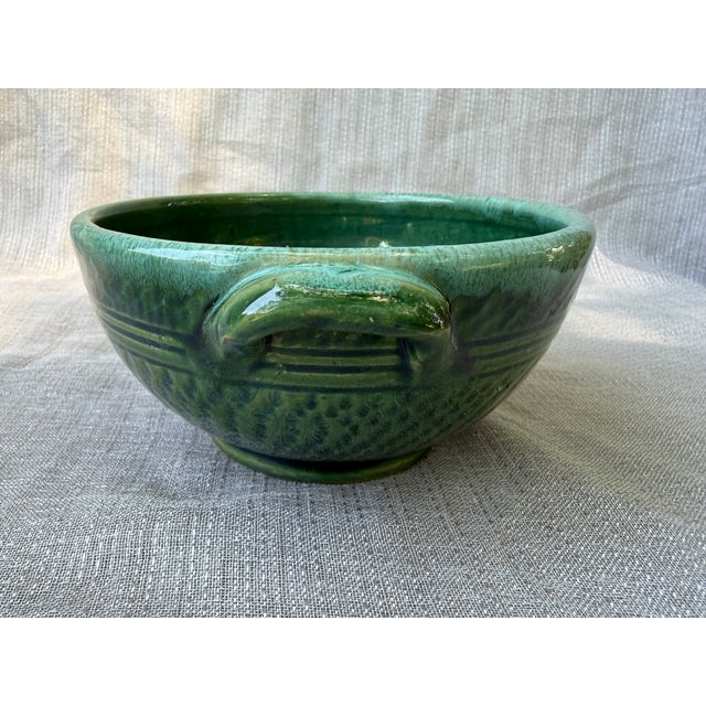 Green Vintage Green Glazed Ceramic Pottery Bowl With Side Handles For Sale - Image 8 of 12