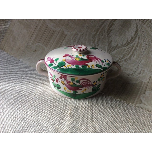 1930s Charming French Luneville Pate Dish & Stand - St. Clément "Coq" Pattern, Hand-Painted Rooster Motif For Sale - Image 5 of 10