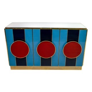 Postmodern Italian Sideboard in Colored Glass and Brass, 1980s For Sale