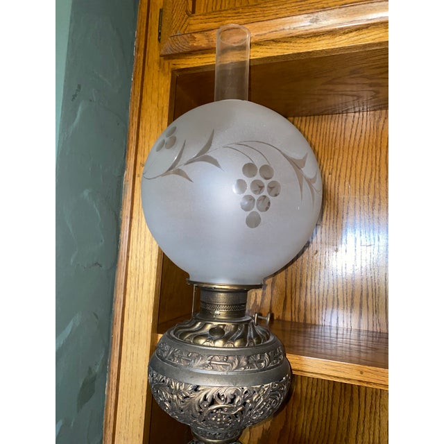 Metal 1940s French Victorian Electrified Oil Lamp With Etched Hand Blown Globe and Clear Chimney With Brass Base For Sale - Image 7 of 9