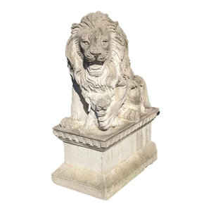 Mid 20th Century Concrete Seated Lion & Cub Statue on Plinth