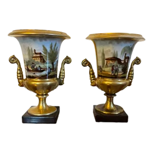 Antique Early 19th Century French Empire Paris Porcelain Urns or Mantel Vases Circa 1810 - a Pair