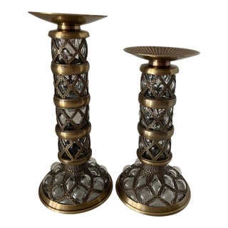 Vintage Brass and Beveled Bubbled Glass Candle Holders From India - Set of 2 For Sale