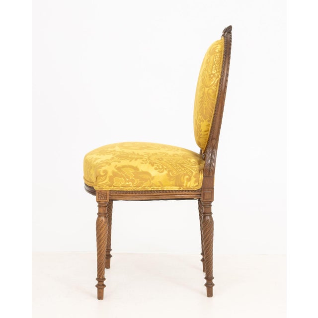 Louis XVI Style Yellow Silk Damask Upholstered Walnut Side Chair For Sale In New York - Image 6 of 7