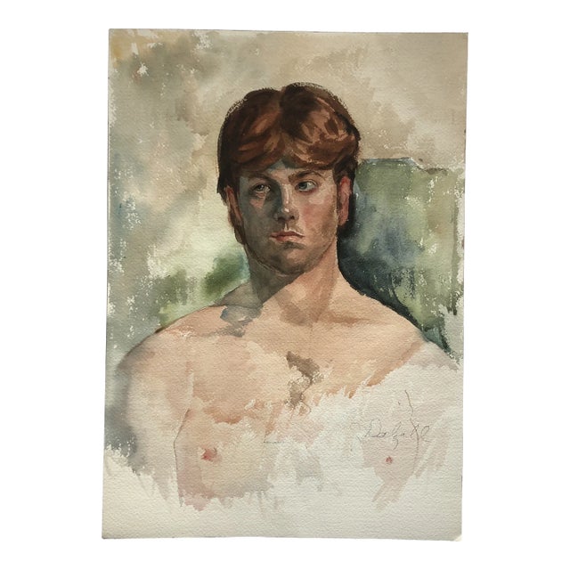 Original Vintage Double Sided Male/Female Portrait Watercolor Painting Signed For Sale