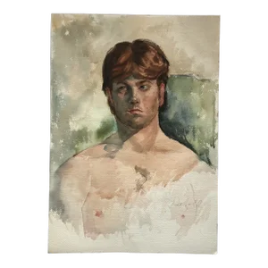 Original Vintage Double Sided Male/Female Portrait Watercolor Painting Signed
