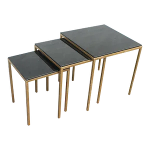1970's Modern Brass Toned Metal & Glass Nesting Tables - 3 Pieces