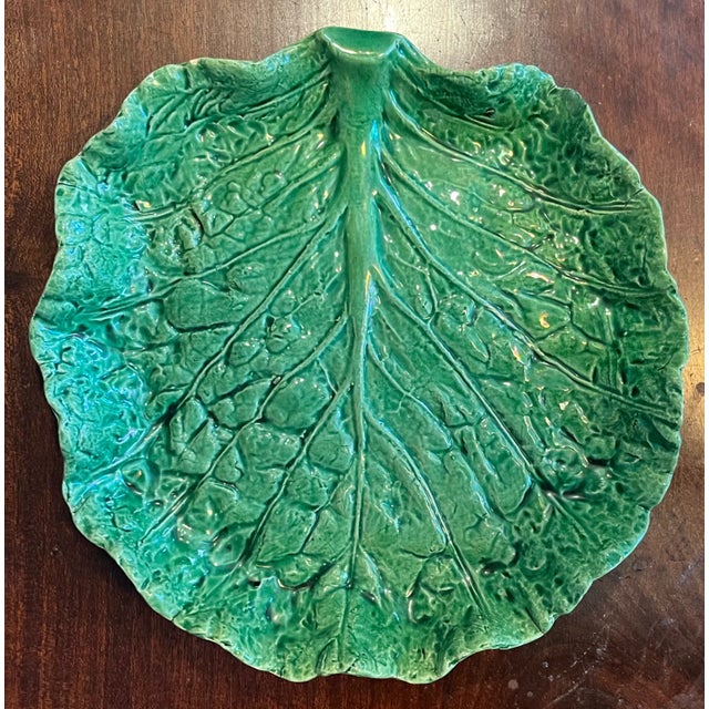 Antique Portuguese Majolica Pottery Green Cabbage or Lettuce Leaf Serving Dish For Sale In New York - Image 6 of 11