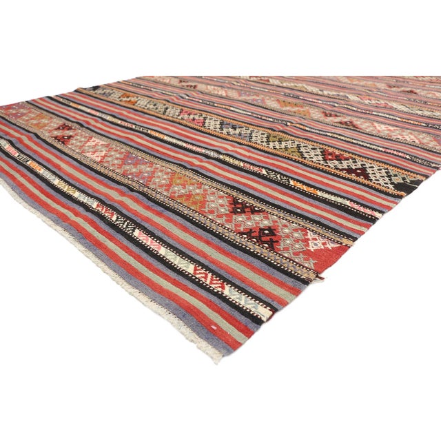 , Vintage Turkish Striped Kilim rug with Modern Boho Chic Tribal style. Full of tiny details and a bold expressive design...
