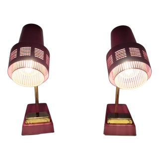 Mid-Century Bedside Lamps in Red Lacquered Metal with Brass Accents, 1960s, Set of 2 For Sale