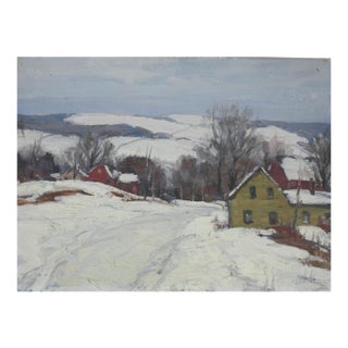 Early 20th Century Snowy Winter Farm Landscape Painting For Sale