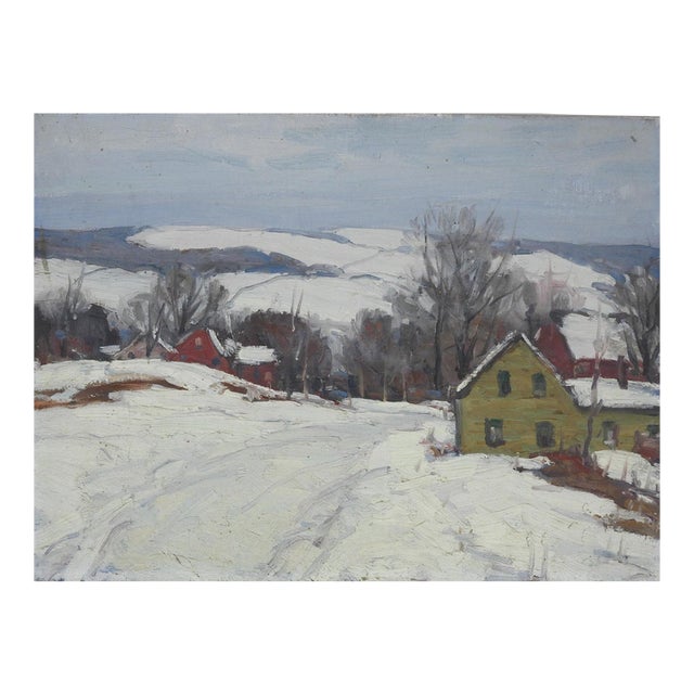 Early 20th Century Snowy Winter Farm Landscape Painting For Sale