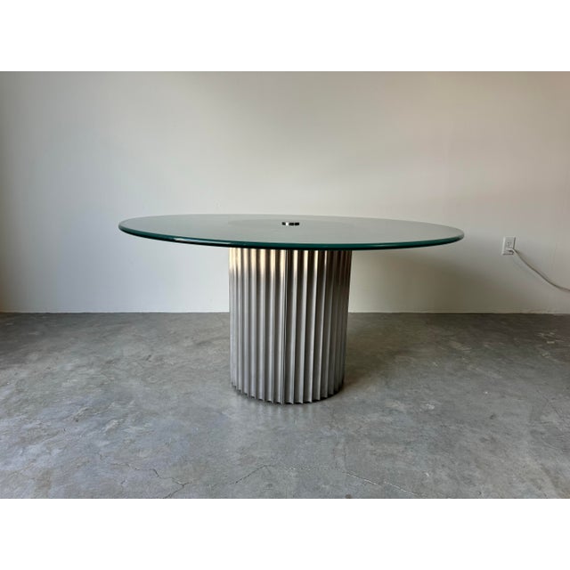 1980's Italian Postmodern Luigi Saccardo- Style Brushed Steel and Glass Top Round Dining Table/ Sold For Sale - Image 12 of 12