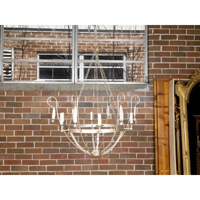 Mid 20th Century Vintage Rock Crystal, Oyster and Steel Basket Six-Light Chandelier, US Wired For Sale - Image 5 of 12