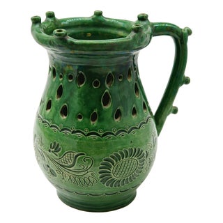 Large Hungarian Green Glazed Folk Art Ceramic Pitcher, 1920s For Sale