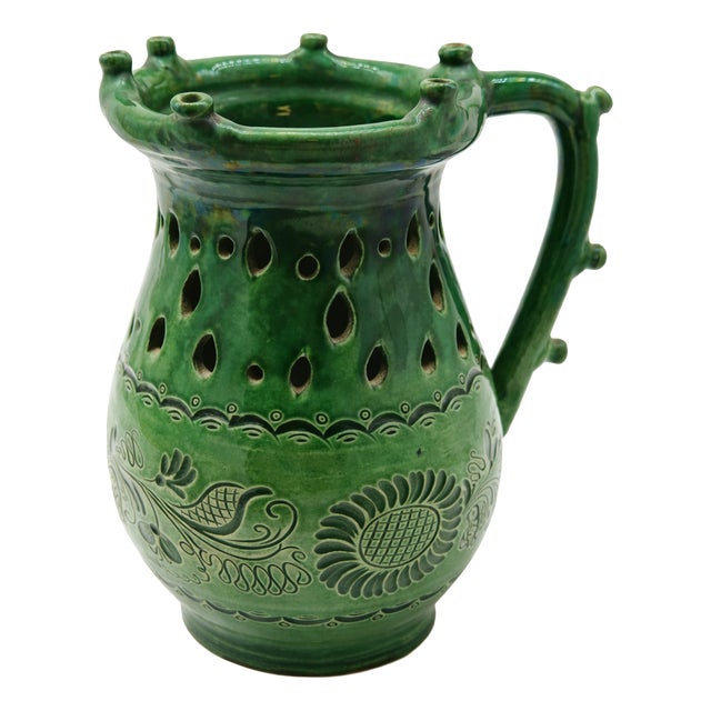 Large Hungarian Green Glazed Folk Art Ceramic Pitcher, 1920s For Sale