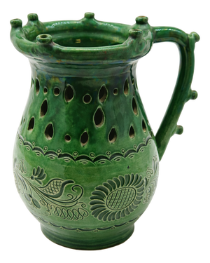 Large Hungarian Green Glazed Folk Art Ceramic Pitcher, 1920s