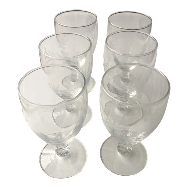 Vintage Clear Etched Glass Wine / Water Goblets S/6 For Sale
