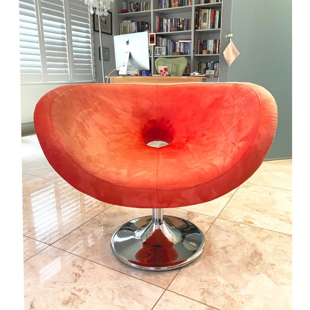 1990s Vintage Red Tulip Chrome Base Swivel Lounge Chair For Sale - Image 13 of 13