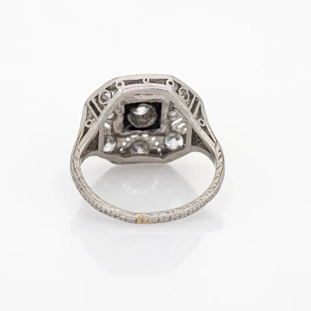Early 20th Century Vintage Art Deco Diamond Onyx Ring Platinum Filigree Octagon Jewellery size 4.75 For Sale - Image 5 of 7
