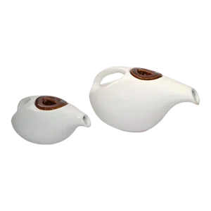 1980s Arts and Crafts White Brown Ceramic Tea Pots- Set of 2