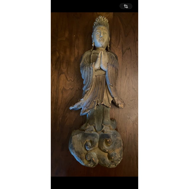 Hand‑Carved Wooden Guanyin / Bodhisattva Statue – 28” Vintage Asian Figure For Sale - Image 12 of 12