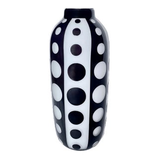 Vintage Tall Glass Black & White Circles Vase For Sale