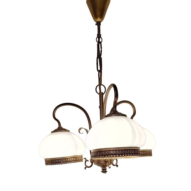 Vintage Three-Light Ceiling Lamp with Brass Frame and White Glass Shades, 1980s For Sale