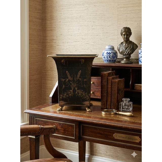 Bunny Williams Home 1980s Hand‑Painted Black & Gold Chinoiserie Metal Cachepot / Wastebasket With Brass Paw Feet - Palm Beach Chic, Grandmillennial & Traditional . For Sale - Image 4 of 9