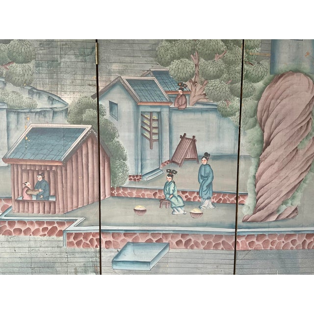 Blue Antique Chinese Export Six Panel Watercolor Floor Screen, Hand-Painted For Sale - Image 8 of 12