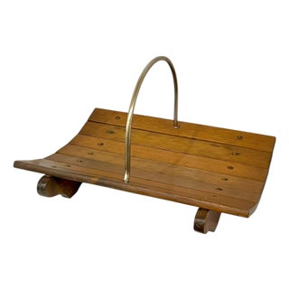 Vintage Mid Century Modern Cabin Style Wood and Brass Fireplace Log Holder or Magazine Book Rack For Sale