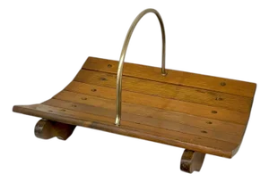 Vintage Mid Century Modern Cabin Style Wood and Brass Fireplace Log Holder or Magazine Book Rack