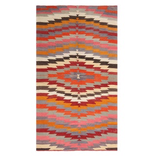 Vintage Mid-Century Geometric Blue Wool Kilim Rug With Multi-Color Accents For Sale