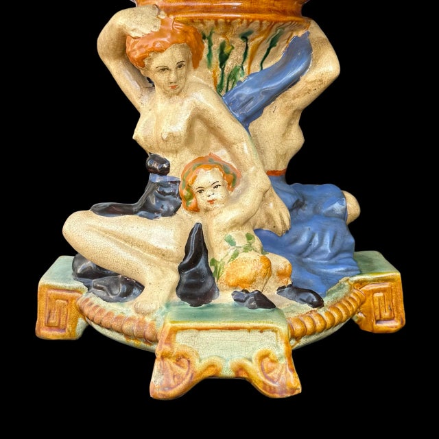 Early 20th Century Antique Majolica Figural Tazza Centerpiece With Maiden & Cherub For Sale - Image 5 of 7