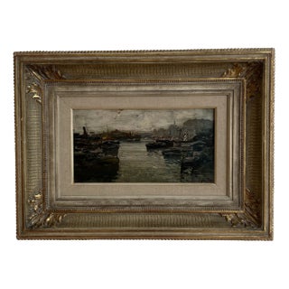 Ezelino Briante, Boats in the Port of Genoa, 1960s, Oil on Wood, Framed For Sale