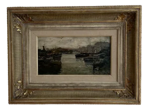 Ezelino Briante, Boats in the Port of Genoa, 1960s, Oil on Wood, Framed