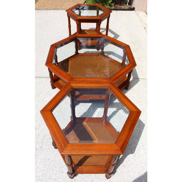 Mid-Century Modern Vintage 1960s Mid-Century Modern Walnut Octagonal Glass Top & Cane Coffee Table + 2 Matching Hexagonal Accent Tables For Sale - Image 3 of 12