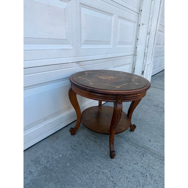 Vintage French Louis XV Style Round Marquetry Side Table With Floral Inlay & Lower Shelf For Sale - Image 9 of 12