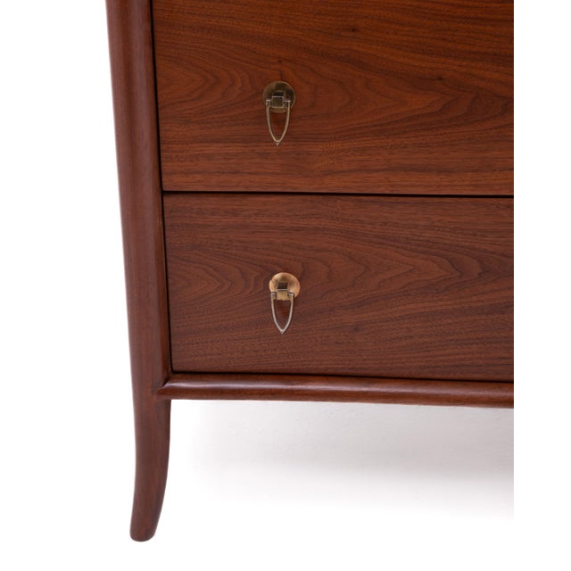 T.H. Robsjohn Gibbings Widdicomb Walnut Five Drawer Chest Klismos Leg Book Matched For Sale - Image 12 of 13