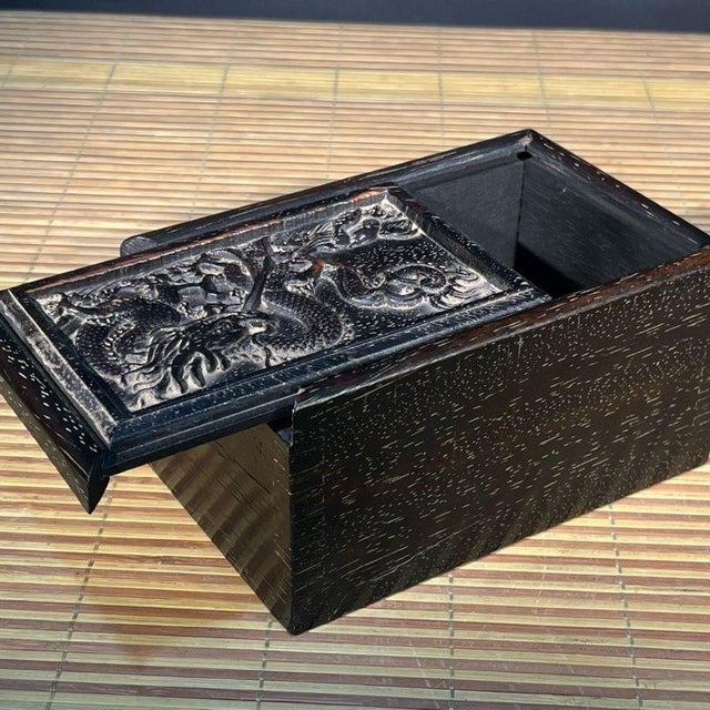 Carved Hardwood Sliding Jewelry Box With Flying Dragon Relief For Sale - Image 9 of 9