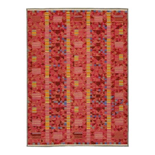 Vibrant Terracotta Geometric Kilim Rug Modern Swedish-Style Wool Flatweave 10x14 For Sale