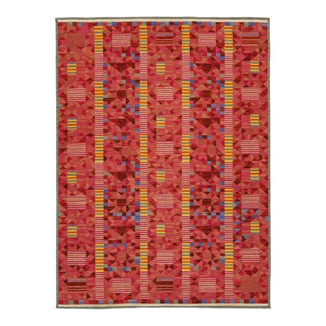 Vibrant Terracotta Geometric Kilim Rug Modern Swedish-Style Wool Flatweave 10x14 For Sale