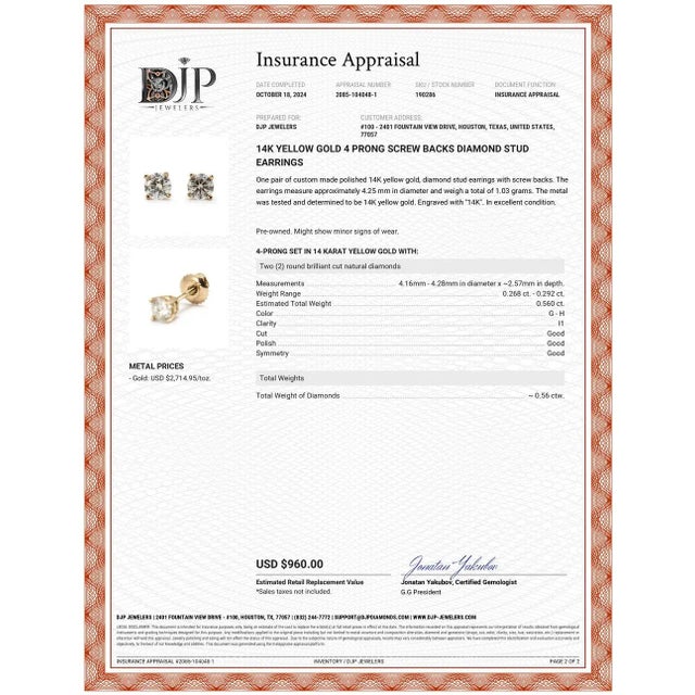 Gold 14k Yellow Gold 4 Prong Screw Backs Diamond Stud Earrings For Sale - Image 8 of 8