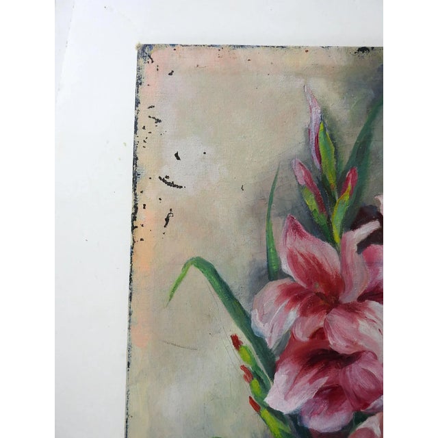 English Vintage Circa 1930's Pink Gladiolas Still Life Painting For Sale - Image 3 of 7