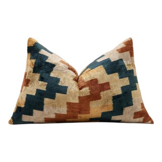 Geometric Rust and Teal Silk Velvet Pillow 16x24 Handmade Luxury Lumbar Cushion For Sale